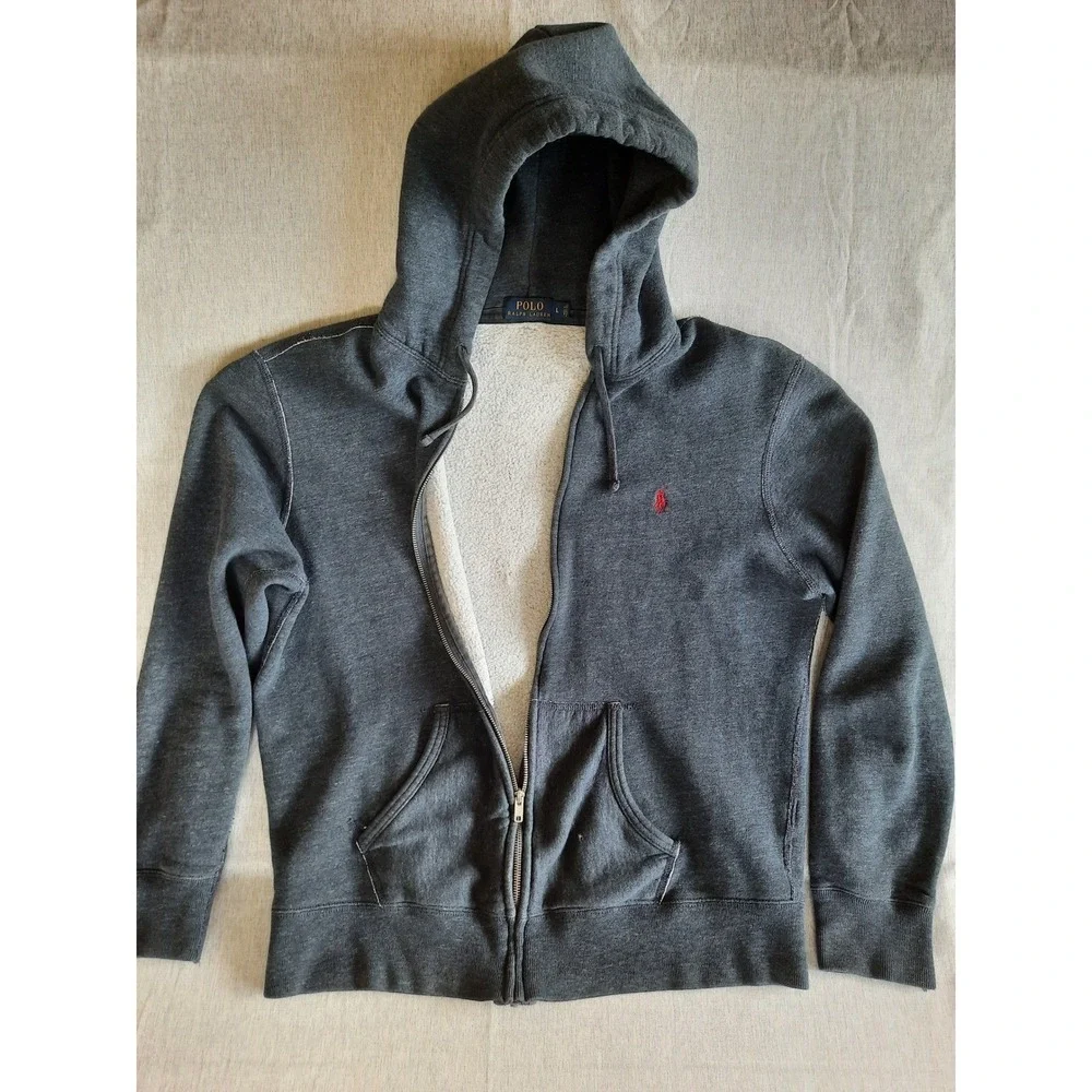 Polo Ralph Lauren Men's Large Heather Gray Full Zip Hoodie Fleece Drawstring SEE